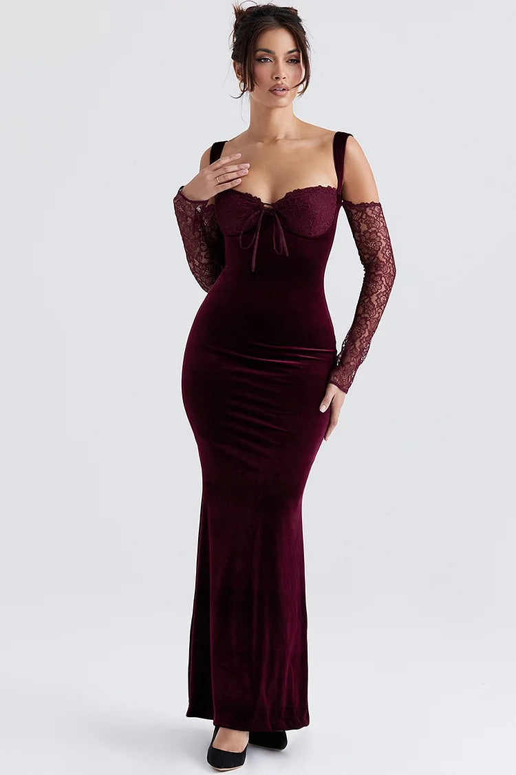 Cold Shoulder Lace Sleeve Bodycon Velvet Formal Party Maxi Dresses