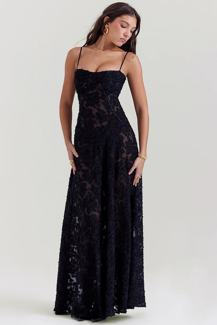 Floral Jacquard Lace Gothic Party Flowy Slip Maxi Dresses