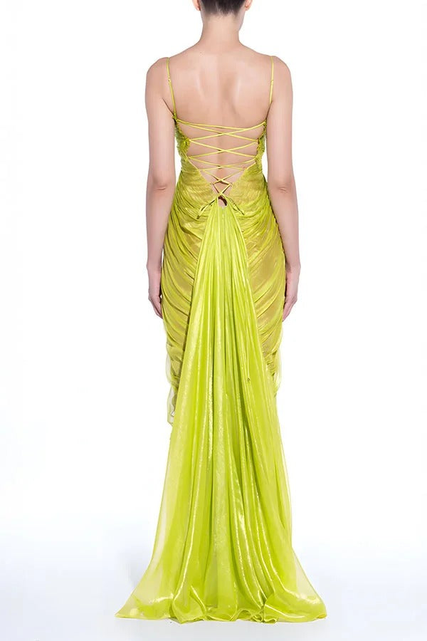 Victoria Shimmering and Flowing Pleated Fabric Back Lace-up Drape Maxi Dress