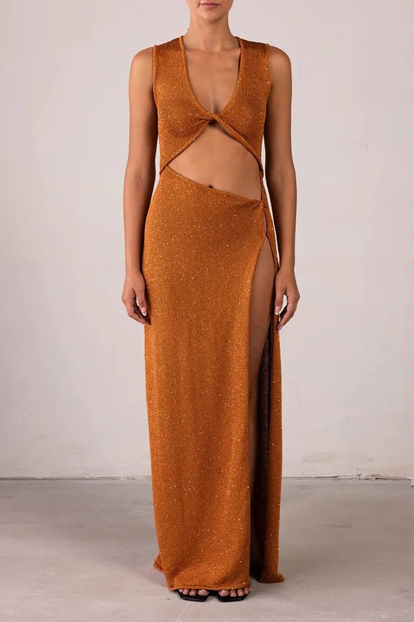 Schöne Figur Glänzender Strickstoff Ausschnitt Seitenschlitz Stretch Urlaub Maxikleid
