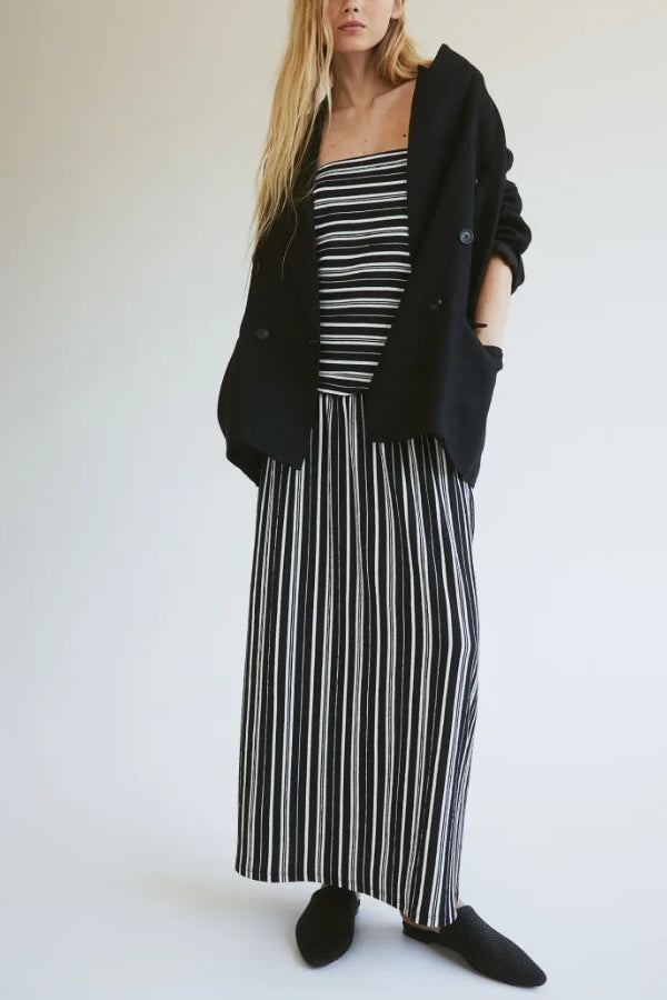 Simple Sexy Striped Ruched Detail Bandeau Stretch Maxi Dress