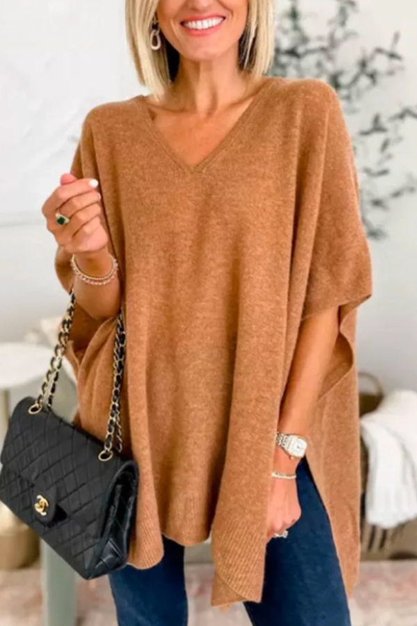 V Neck Loose Fit Solid Poncho Sweater