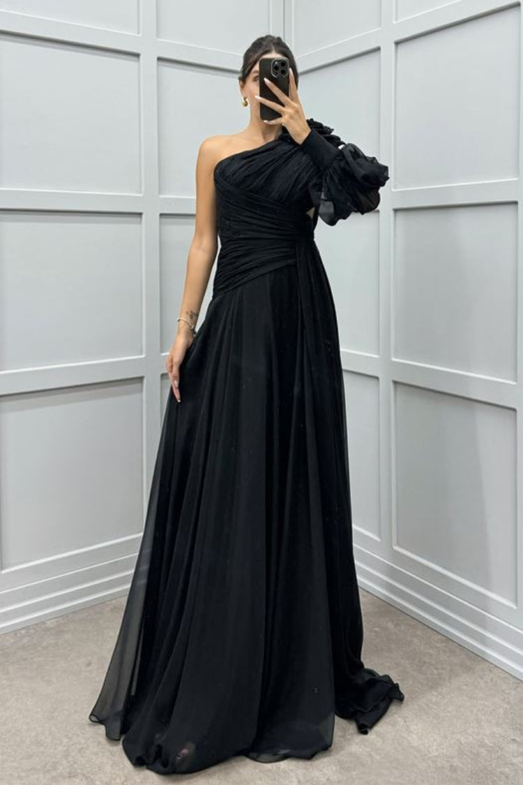 One Sleeve Shoulder Detail Design Evening Dress