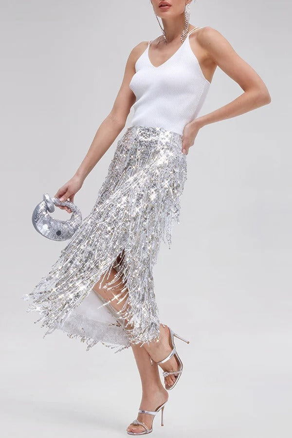 Evening Charm Layered Sequined Tassels High Rise Back Zipper Slit Midi Skirt
