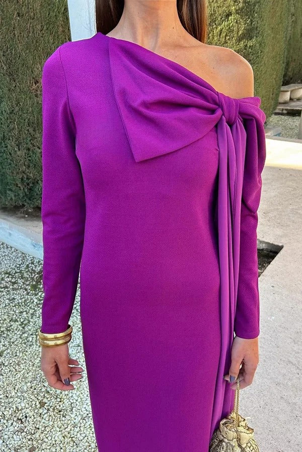 Vanessa Solid Color Long Sleeve Slim Fit Oversized Bow Tie Maxi Dress