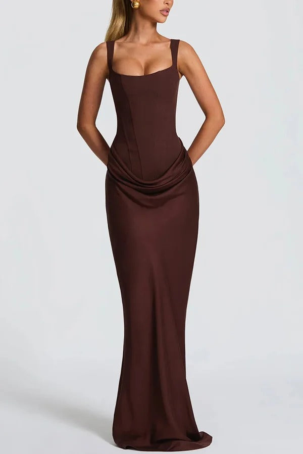Larrah Square Neck Back Lace-up Satin Drape Hem Maxi Dress