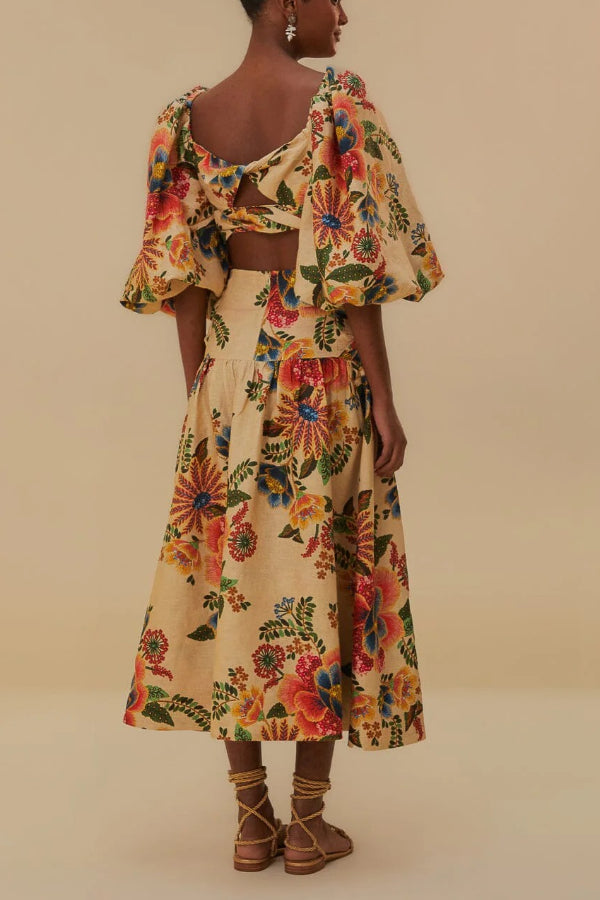 Jungle Style Linen Blend Floral Print Puff Sleeve Crop Top and High Waist Midi Skirt Set