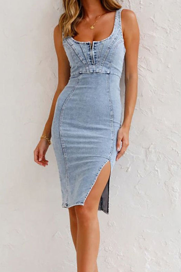 This Seasons Staple Denim Adjustable Straps Zip-up Firm Stretch Midi Dress