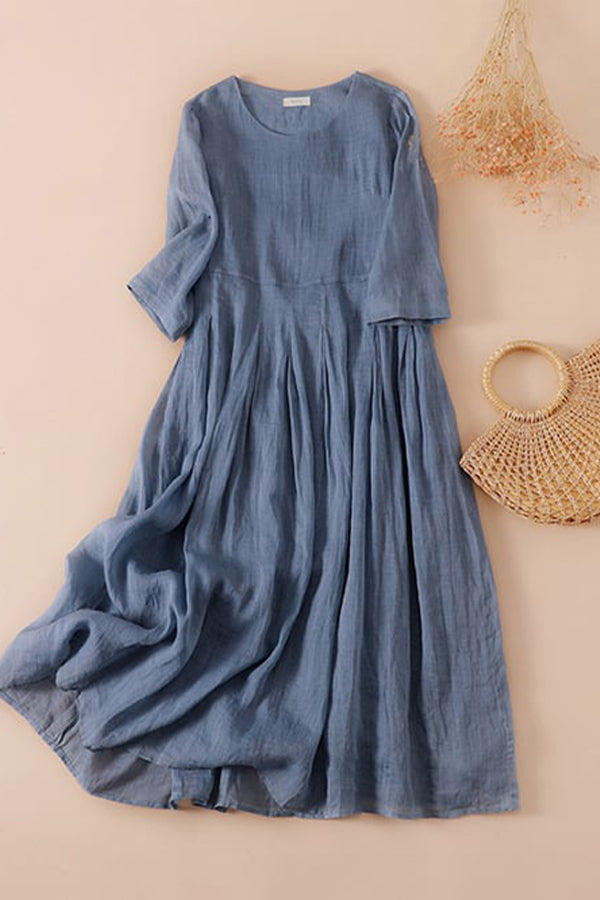 Ramie Solid Loose Pleated Dress