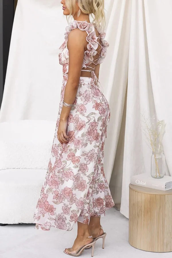 Luciana Chiffon Floral Print Ruffle Detail Back Lace-up Elastic Waist Maxi Dress