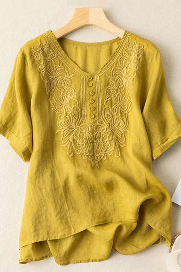 Cotton Linen Fine Embroidery V-neck Casual Top