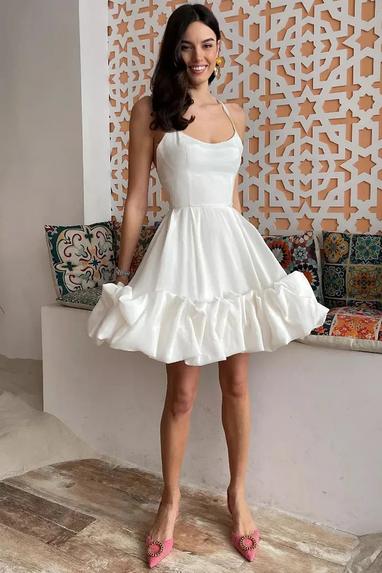 Cross Cami Ruffle Hem Boat Neck Backless A-line Wedding Party Mini Dress