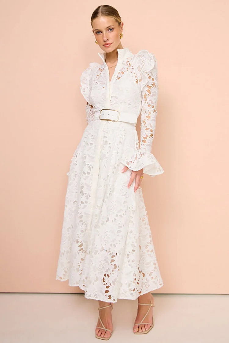 Lace Ruffled Trim Long Sleeve A-Line Midi Dresses-White