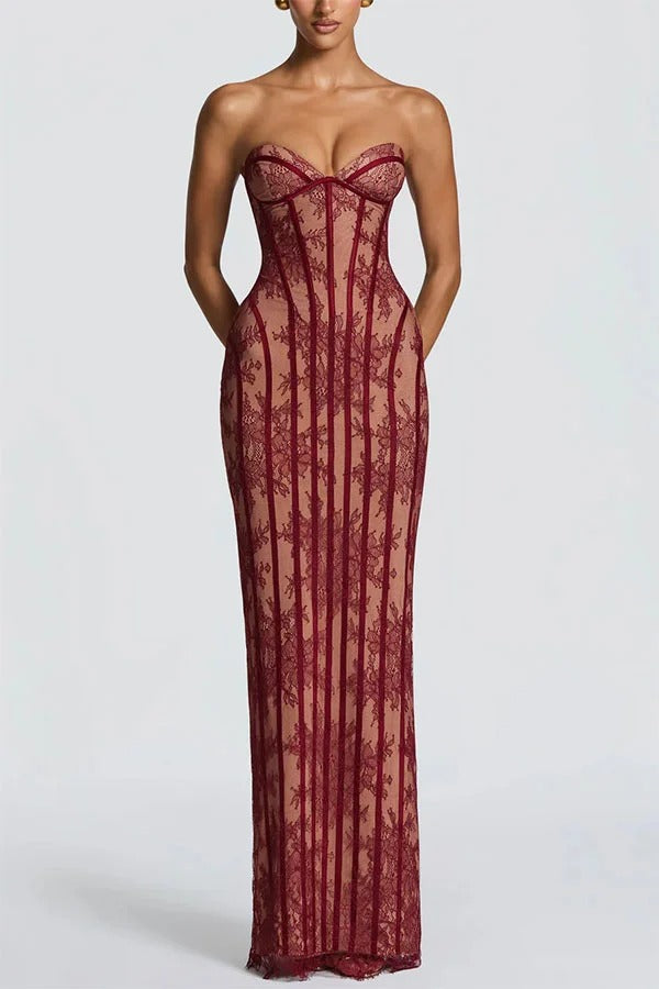Sian Floral Lace Contrast Structural Detail Back Lace-up Strapless Slit Maxi Dress