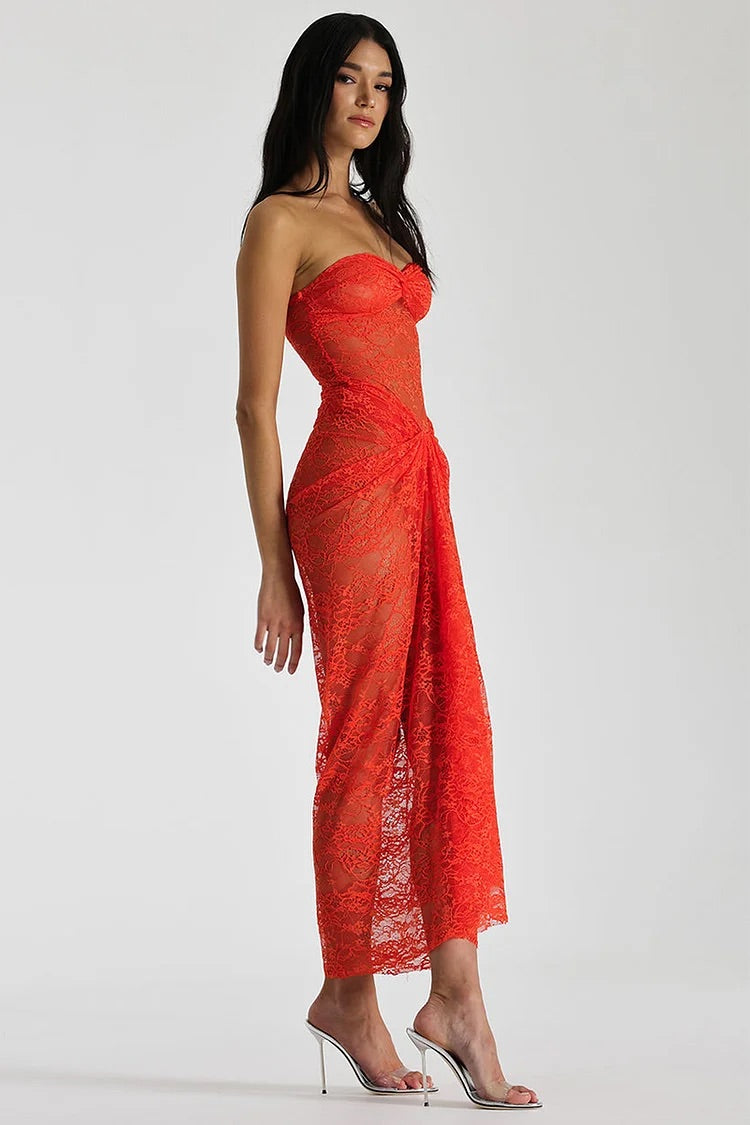 See Through Lace Ruched Knot Strapless Maxi Dresses