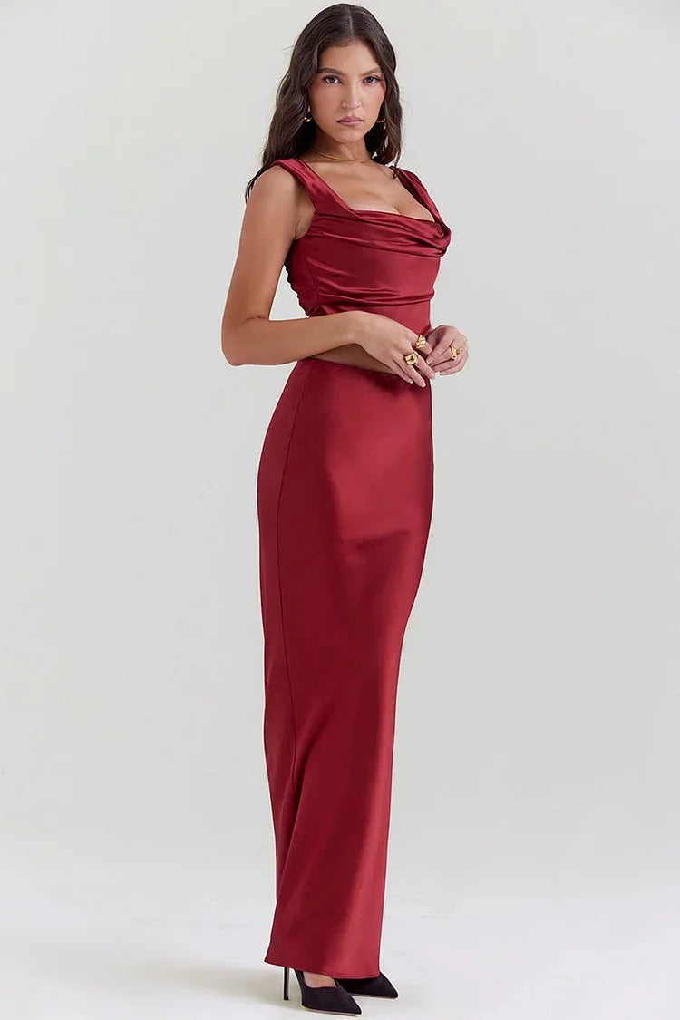 Square Neck Lace Up Sleeveless Top Bodycon Satin Maxi Skirt Formal Party Matching Set-Red