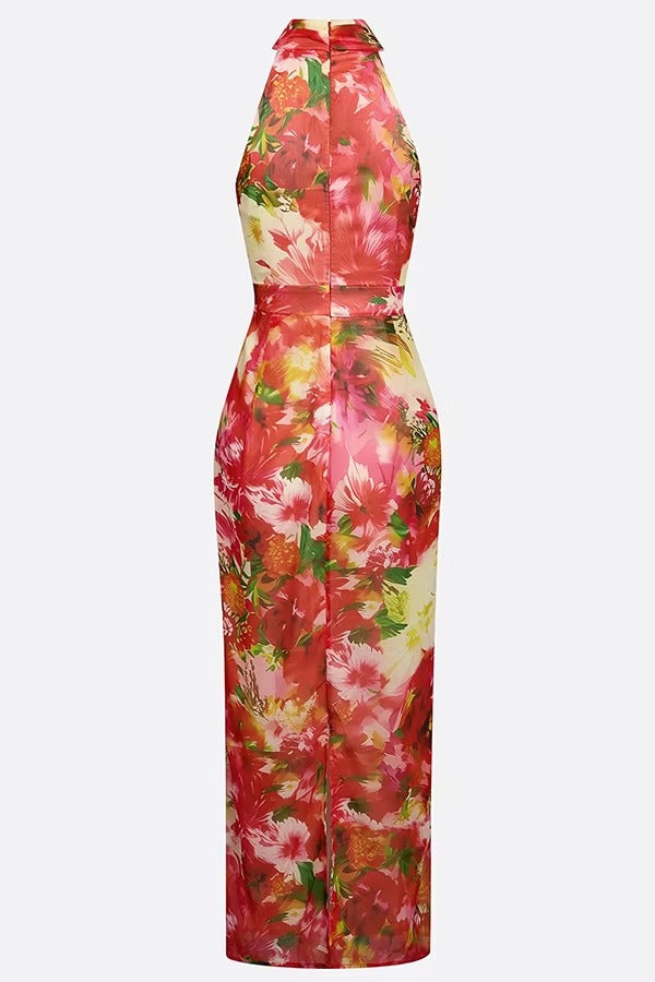 Garden Glamour Chiffon Floral Print High Neck Sleeveless Slit Maxi Dress