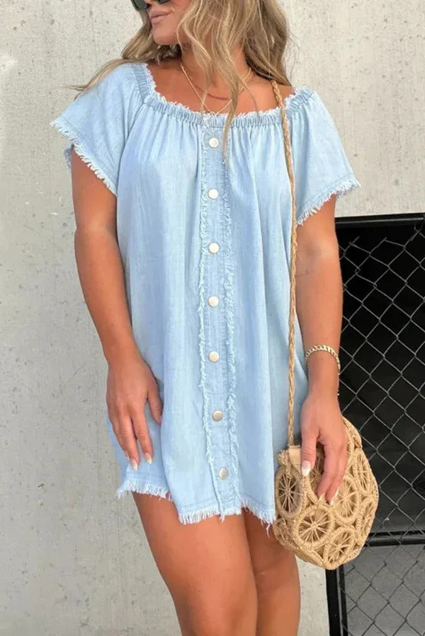 Fashionable Off Shoulder Short-sleeved Loose Denim Mini Dress