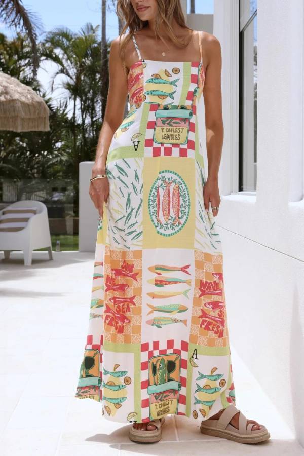 Fun Collage Fish Print Spaghetti Strap Maxi Dress