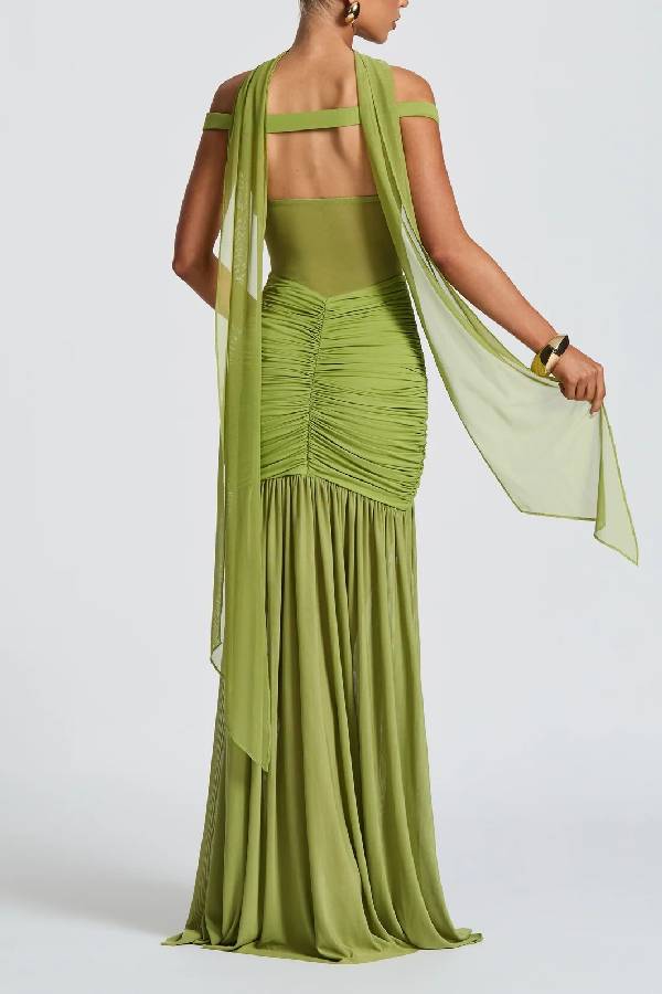 Raise The Level Mesh Off Shoulder Ruched Scarf Stretch Maxi Dress