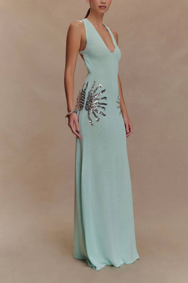 Sparkling Nights Knit Sunburst Sequin Detail Back Cross Straps Stretch Maxi Dress