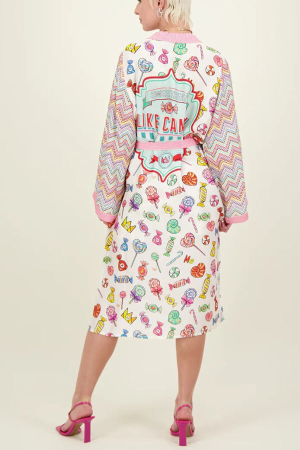 Sweet As Candy Unique Print Patchwork Belt Pocketed Long Shirt Coat