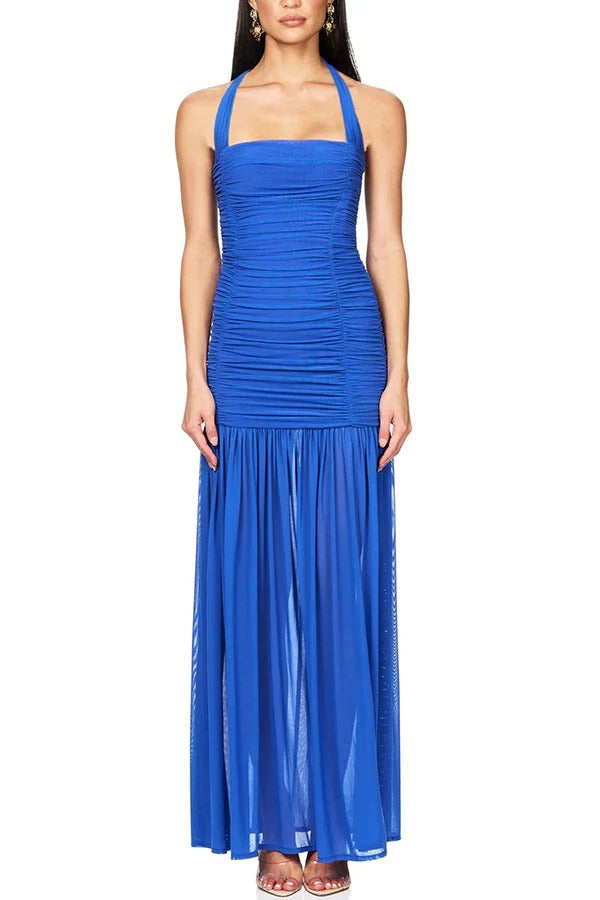 Chic Demeanor Mesh Overlay Ruched Halter Slit Stretch Maxi Dress