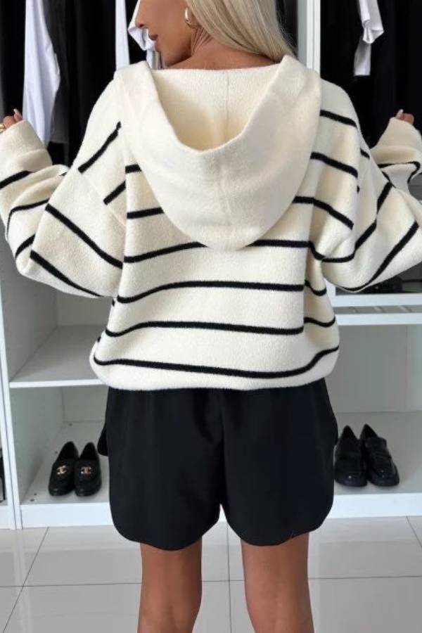 Fashion and Comfort Knit Striped Button Up Pocketed Loose Hooded Cardigan