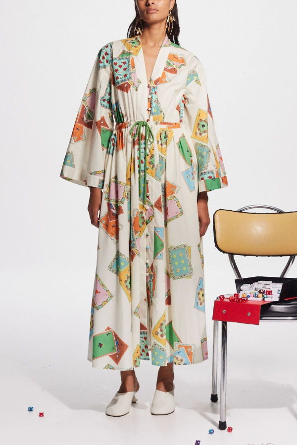 Poker Card Print Tie-Waist Long Shirt Dress