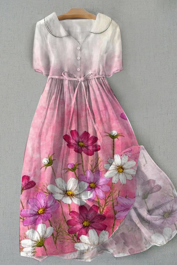 Artistic Floral Print Doll Neck Dress