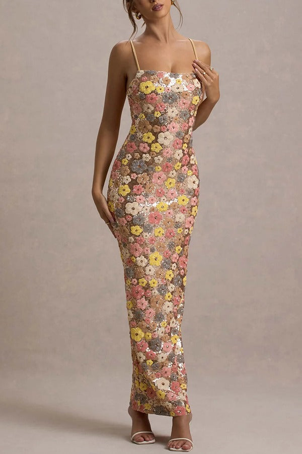 Stretch-Maxikleid im 80er-Jahre-Stil mit Blumenmuster, Pailletten und quadratischem Ausschnitt