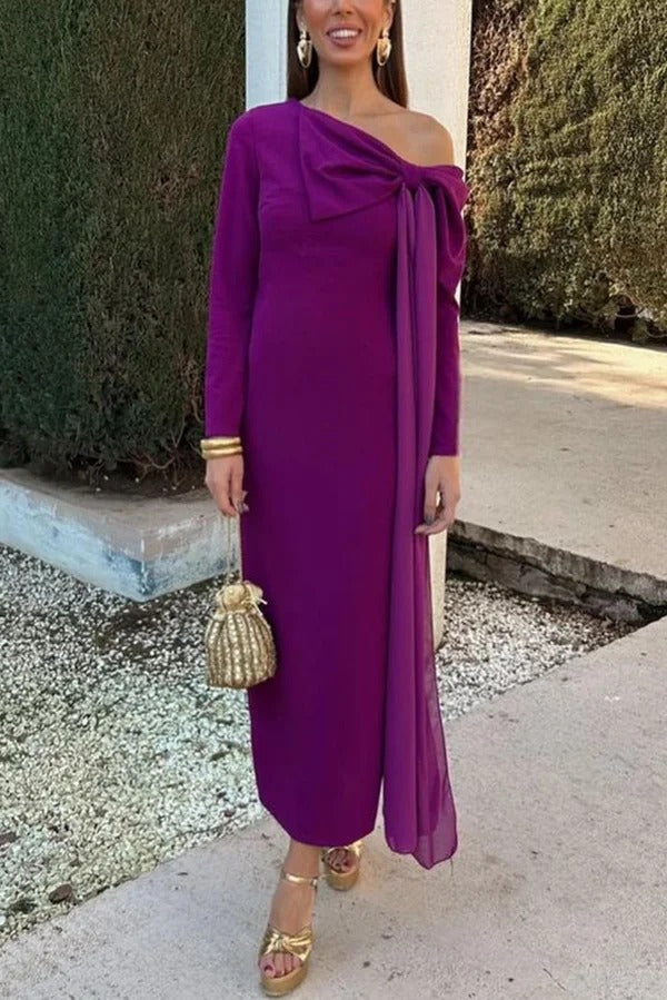 Vanessa Solid Color Long Sleeve Slim Fit Oversized Bow Tie Maxi Dress