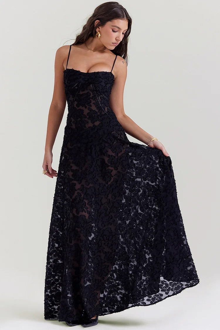 Floral Jacquard Lace Gothic Party Flowy Slip Maxi Dresses