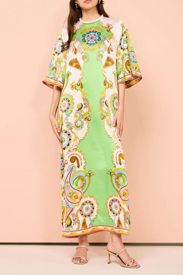 Oil-painted Art Midi Dress with Half Sleeves