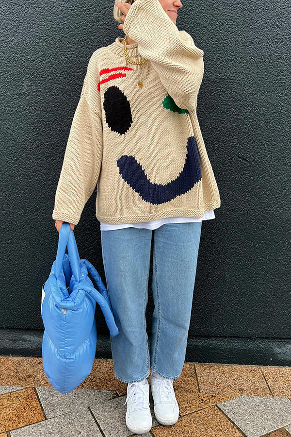 Feel Good Knit Colorful Smiley Face Loose Pullover Sweater