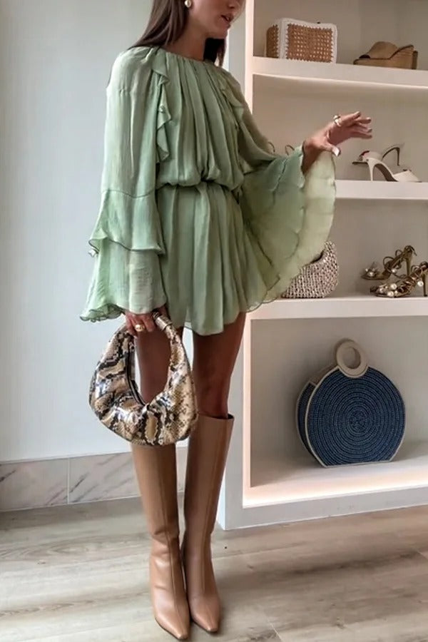 Seeds of Happiness Chiffon Tiered Ruffles Bell Sleeve Gathered Loose Mini Dress