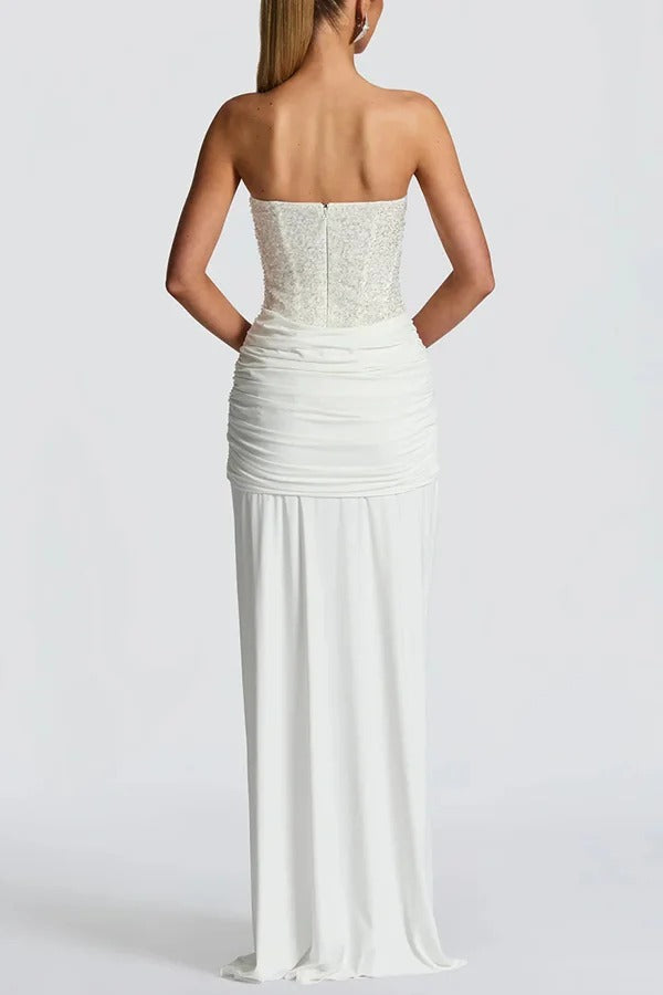 Carina Sequined and Satin Jersey Off Shoulder Ruched Knot Drape Maxi Dress