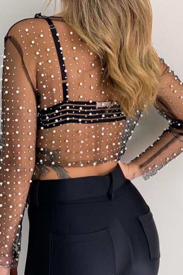 Diamond Beaded Lace See Through Shirt