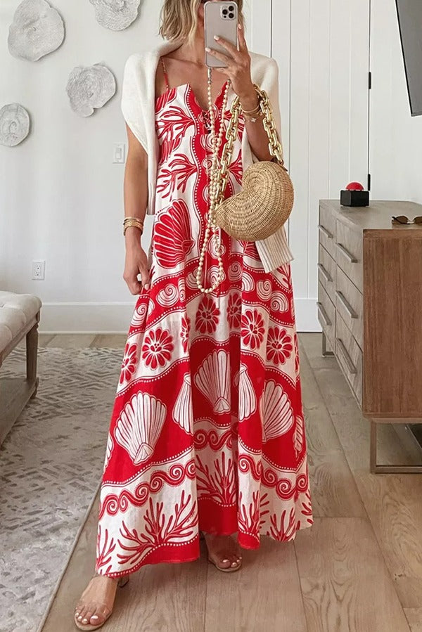 Beautiful Shell Unique Print Front Lace-Up Loose Maxi Dress