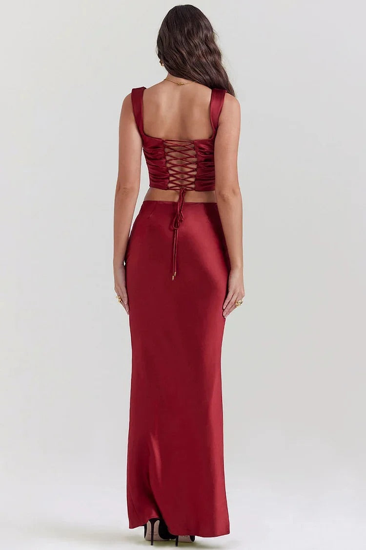 Square Neck Lace Up Sleeveless Top Bodycon Satin Maxi Skirt Formal Party Matching Set-Red