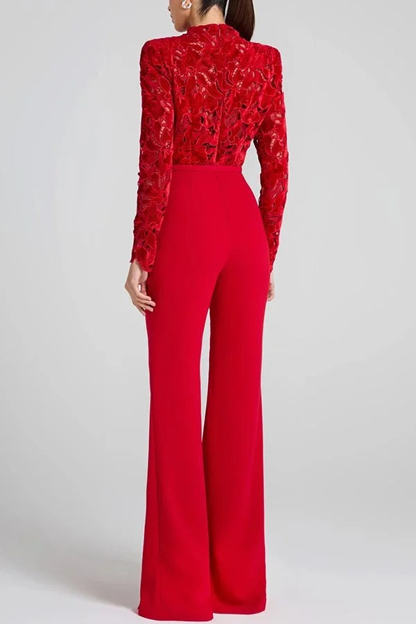 Eleanor Embroidered Floral Lace Long Sleeve Patchwork Belt Flare Jumpsuit