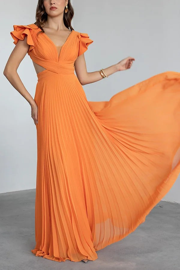 Seville Pleated Layered Ruffle Sleeve Cutout Back Lace-up Maxi Dress