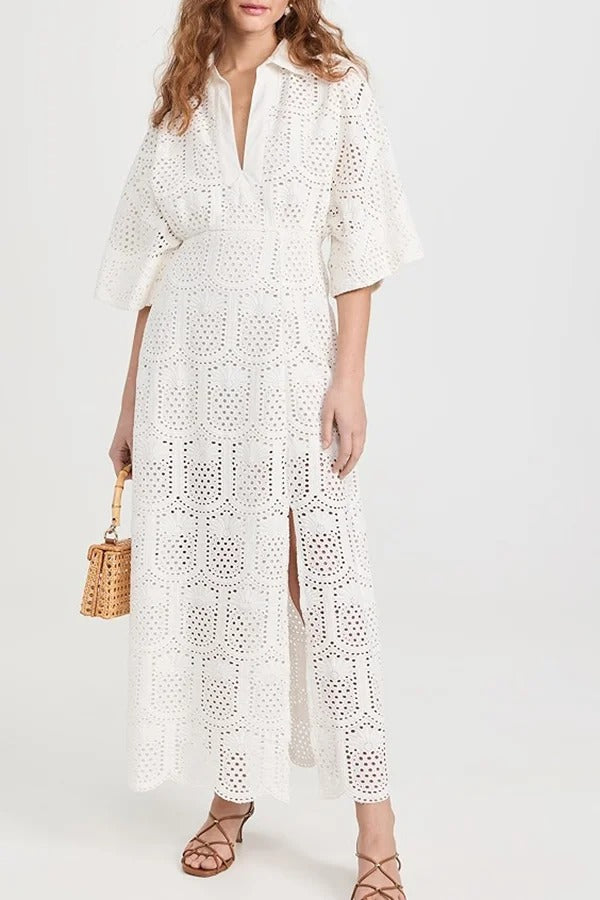 Darling Smile Pineapple Eyelet Crochet Lace Wide Sleeve Shirt Midi Dress