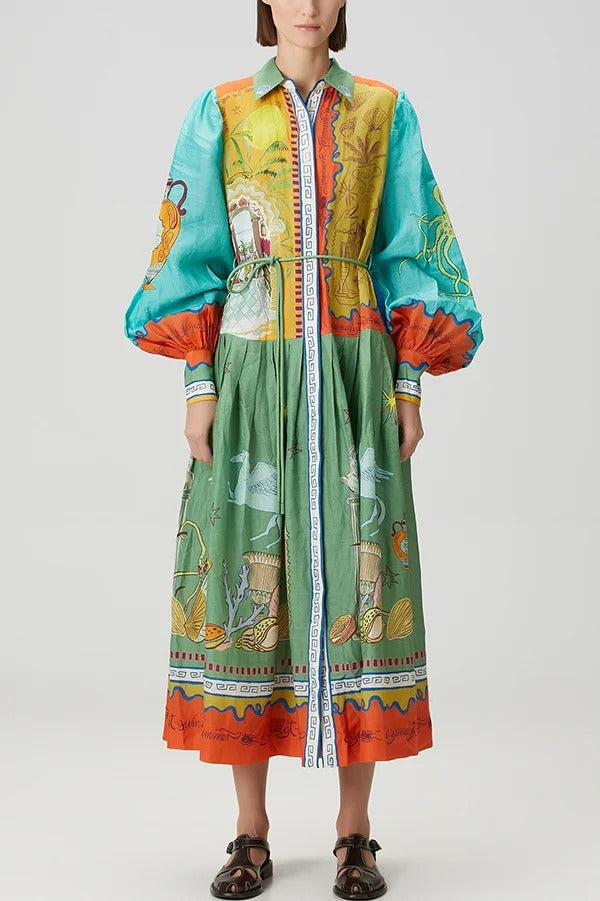 Puts A Smile – Midikleid mit einzigartigem Print, Revers und Laternenärmeln sowie Taillenschnürung