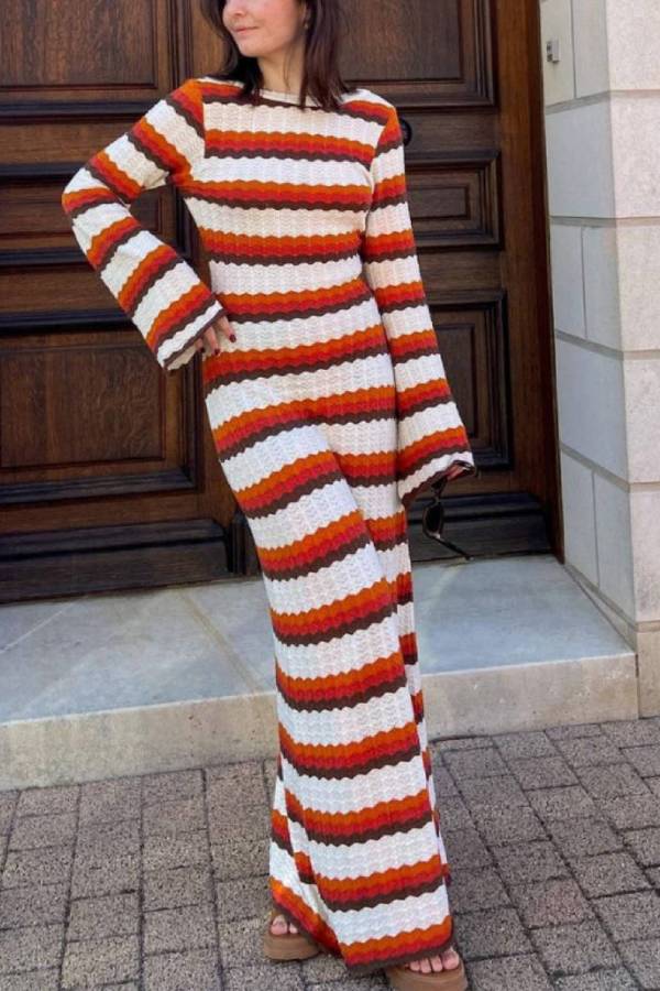 Womens Long Sleeve Crewneck Backless Striped Bodycon Sweater Dress Ribbed Knit Maxi Long Dresses