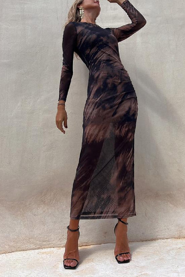 Charm Lady Mesh Overlay Tie Dye Print Long Sleeve Ruched Stretch Midi Dress