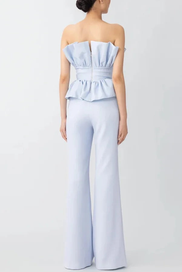Every Occasion Crepe Panel Ruffles Strapless Top and High Rise Pocketed Flare Pants Set