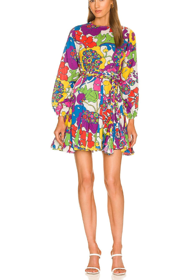 Zola Unique Print Balloon Sleeve Braid Belt Pleated Mini Dress