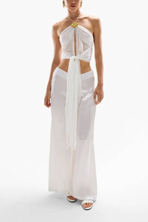 Lily Metal Flower Front Slit Halter Midi Top and V-waist Wide Leg Pants Set