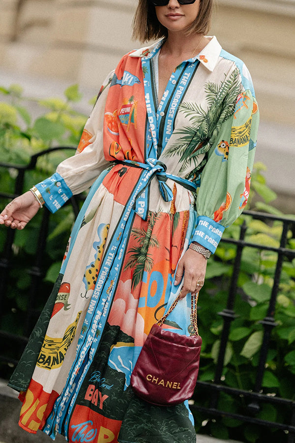 Unique Printed Lantern Sleeve Drawstring Shirt Resort Style Midi Dress